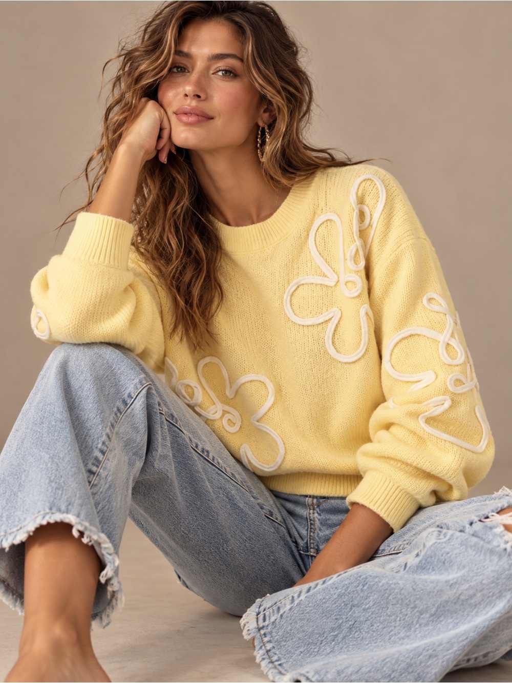 Women's Yellow Floral Appliqué Crewneck Sweater